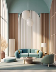 Conceptual 3d render of a living room, lounge, minimalist style, concept with calm colors and round architecture