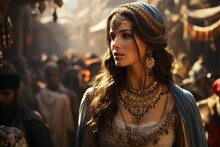 Historical Epic: A Regal Queen's Walk Through A Vibrant Marketplace, Illustrating A Civilization's Diversity And Prosperity. Generative AI.