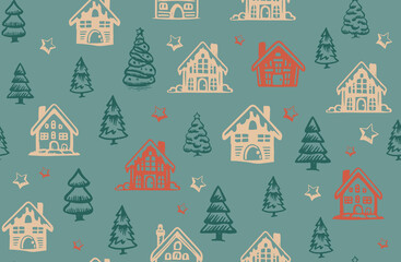 Christmas house and  tree has drawn illustrations, vector.