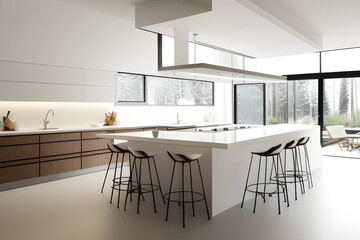 Modern kitchen interior. Modern trendy luxury interior design snow white kitchen in minimalist style with island and two bar stools. large floor-to-ceiling windows and glass shelves for dishes.