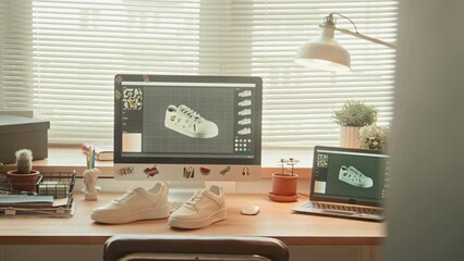 No people front view of sneaker designer table and computer with design sketch on screen in loft studio at daytime