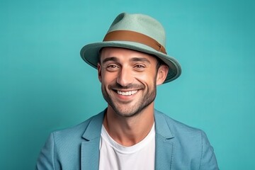 Wall Mural - Portrait of a smiling young man in a hat on a blue background