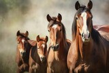 Fototapeta  - Gentle Equine Ensemble Herd of Horses with Newborn Foal. Generative AI