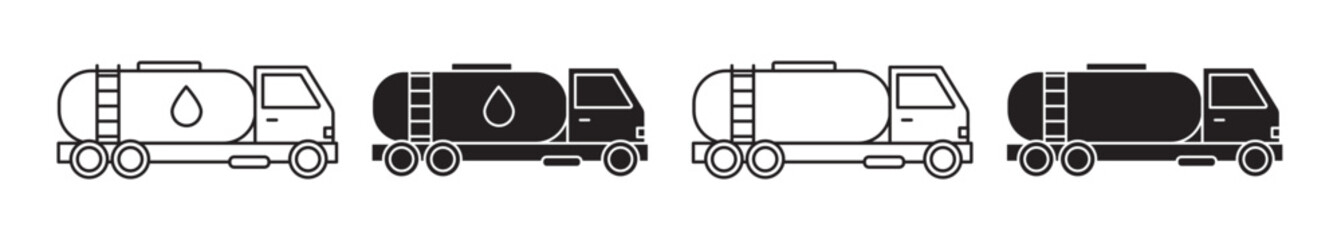 Sticker - Oil tank truck icon set in outline and filled style. gasoline, petrol, and diesel fuel commercial delivery truck pictogram. large water or milk tanker truck line vector icon set.