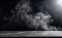 Smoke From Incense Sticks On A Empty Black Stone Table With Black Background. High Quality Photo
