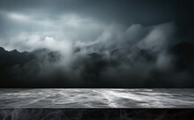 Empty Marble Table For Product Display Montage. Dark Sky And Fog Background. High Quality Photo