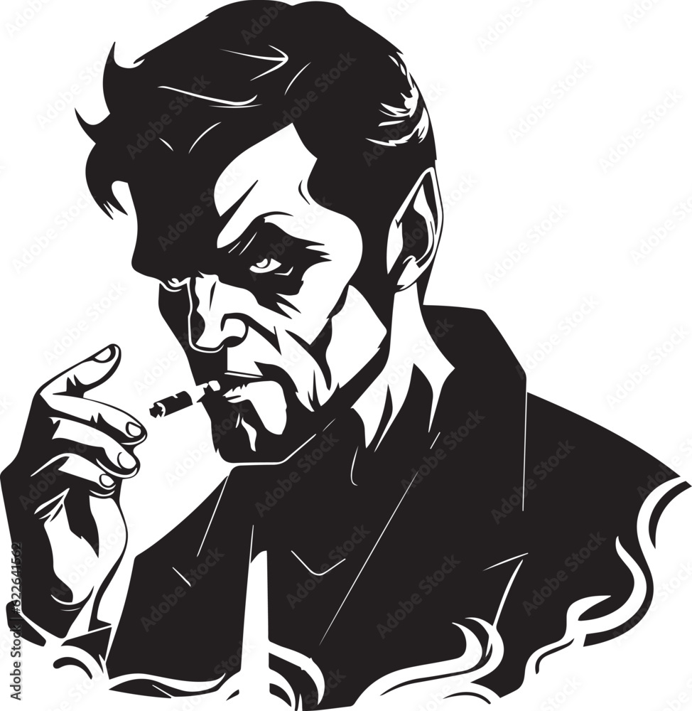 Devil man smoking a cigarette, Man with horns smoking, smoking is evil,  Vector illustration, SVG Stock Vector