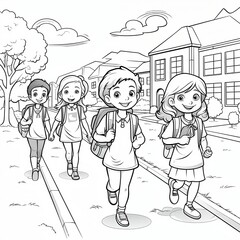 kids going back to school after holidays coloring book for kids, black and white illustration created with generative ai