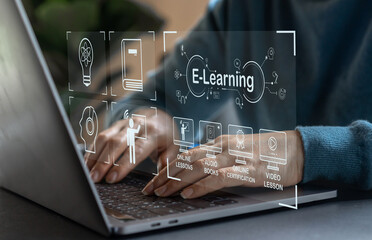 Wall Mural - human use laptop technology internet learning and study online class technology network, e-learning,