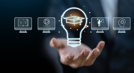 Wall Mural - human hold technology internet learning and study online class technology network, e-learning, onlin