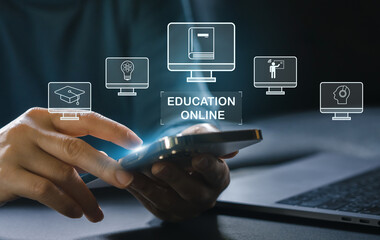 Wall Mural - human use phone technology internet learning and study online class technology network, e-learning, 