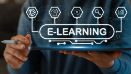 Wall Mural - human use tablet technology internet learning and study online class technology network, e-learning,