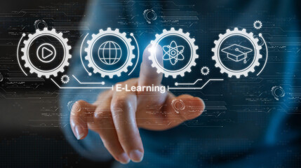 Wall Mural - human with technology internet learning and study online class technology network, e-learning, onlin