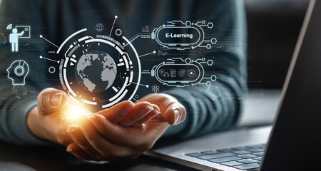 Wall Mural - human hold global technology internet learning and study online class technology network, e-learning