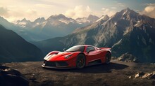 Red Sport Car On The Top Of Mountain Peak. Generative AI 2