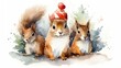 Watercolor illustration of Squirrel's family in the Santa's hat. Generative AI 