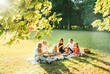 © Soloviova Liudmyla - Blossom linden tree branch with Big family sitting on the picnic blanket in city park during weekend Sunday sunny day. They smiling and laughing and eating lunch. Nature outdoors activities concept.