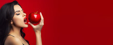 Beautiful Young Woman Holding A Red Apple - Symbolic Of Sin And Temptation Banner