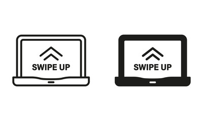 Poster - Swipe Up in Laptop Line and Silhouette Icon Set. Gesture on Computer Touch Screen Pictogram. Drag on Digital Device App Symbol, Touchscreen Technology Symbol Collection. Isolated Vector Illustration