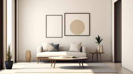 Stylish Living Room Interior with Mockup Frame Poster, Modern interior design, 3D render, 3D illustration