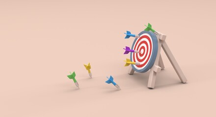 Target, target shooting, dart, correct decisions, bow and arrow, dart on target, hits and misses (3d illustration)