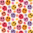 Trippy melting colorful smiling happy faces seamless pattern with retro flowers