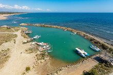 Aerial View Of Small Manmade Primitive Fishing Port On The Mediterranean Sea Coast Of Belek, Antalya, Turkey.