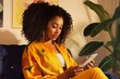 © customer solution - black woman using credit card on the couch, in the style of yellow and crimson