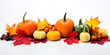 Autumn arrangement of pumpkins with red leaves over white background, Autumn border of pumpkins and red fall leaves isolated on a white background, generative Ai
