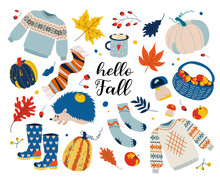 Autumn Icons Set: Falling Leaves, Pumpkins, Sweater, Cute Hedgehog, Boots, Basket Of Apples And More. Autumn Season Elements Suitable For Scrapbook, Postcards, Posters