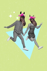 Wall Mural - Magazine strange template collage of two people with pony face running showing pet shopping sales for horse sport care