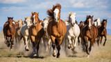 Fototapeta Konie - Hoard of mustang horse running in middle of Midwest panorama