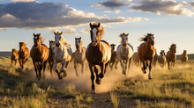 Hoard Of Mustang Horse Running In Middle Of Midwest Panorama