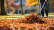 Leinwandbild Motiv Person rake leaves in autumn