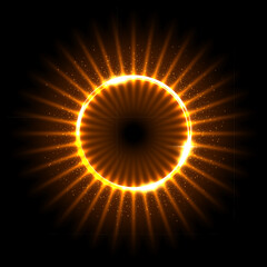 Wall Mural - Solar eclipse with gold fiery flashes on edge vector illustration. Abstract golden circle frame of sun, planet or star with sparkles and energy flare, globe with glow light effect of shiny corona