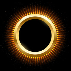 Wall Mural - Gold ring with flash rays and sparks, 3D circle shiny golden frame with edges and flare