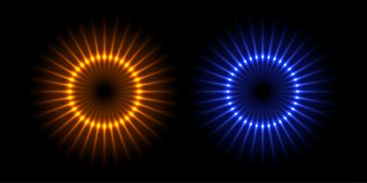 Electric flash circles set, burst of round shape with bright red and blue neon rays