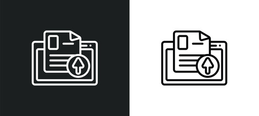 Poster - upload file outline icon in white and black colors. upload file flat vector icon from web hosting co
