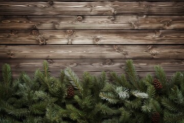 Poster - Christmas tree branches on rustic wooden planks.