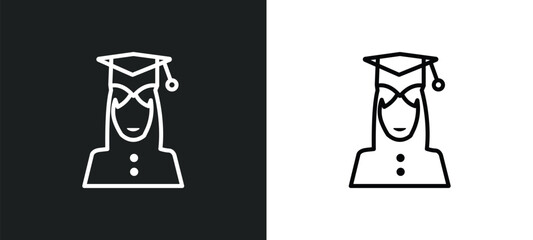 Wall Mural - graduate girl outline icon in white and black colors. graduate girl flat vector icon from user colle