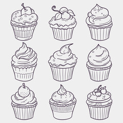 Wall Mural - Cupcake doodle vector illustration. Hand drawn cupcake icon set.