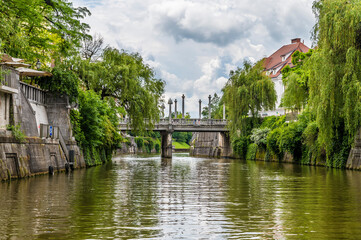 Wall Mural - A view down the Ljubljanica River towards the Cobblers bridge in Ljubljana, Slovenia in summertime