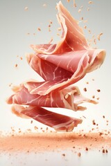 Close-Up of Prosciutto Flying in the Air, Levitation. Generative ai