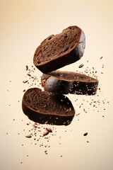 Close-Up of Black Breads Flying in the Air. Generative ai