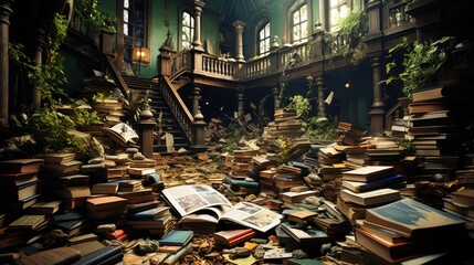 Wall Mural - A room filled with lots of books next to a staircase. Generative AI image.
