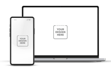 Leinwandbilder - Modern laptop mockup front view and smartphone mockup high quality isolated on white background. Notebook mockup and phone device mockup for ui ux app and website presentation Stock Vector.