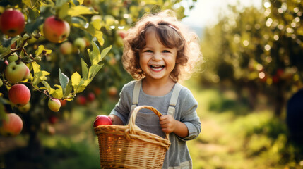 Happy smiling Kid Go Apple Picking