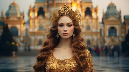 A girl with red hair dressed like a queen with braids in a golden rich dress and a golden crown, palace in background