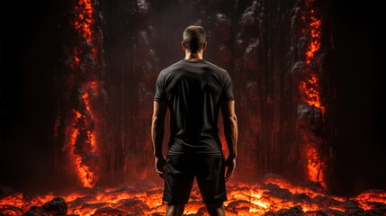 Poster - A man standing in front of a lava cave. Generative AI image.