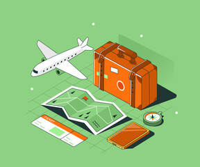 Travel and vacation concept. Luggage, plane, destination map and other tourism related objects. Modern 70s aesthetic. Retro flat design. Vector isometric illustration.